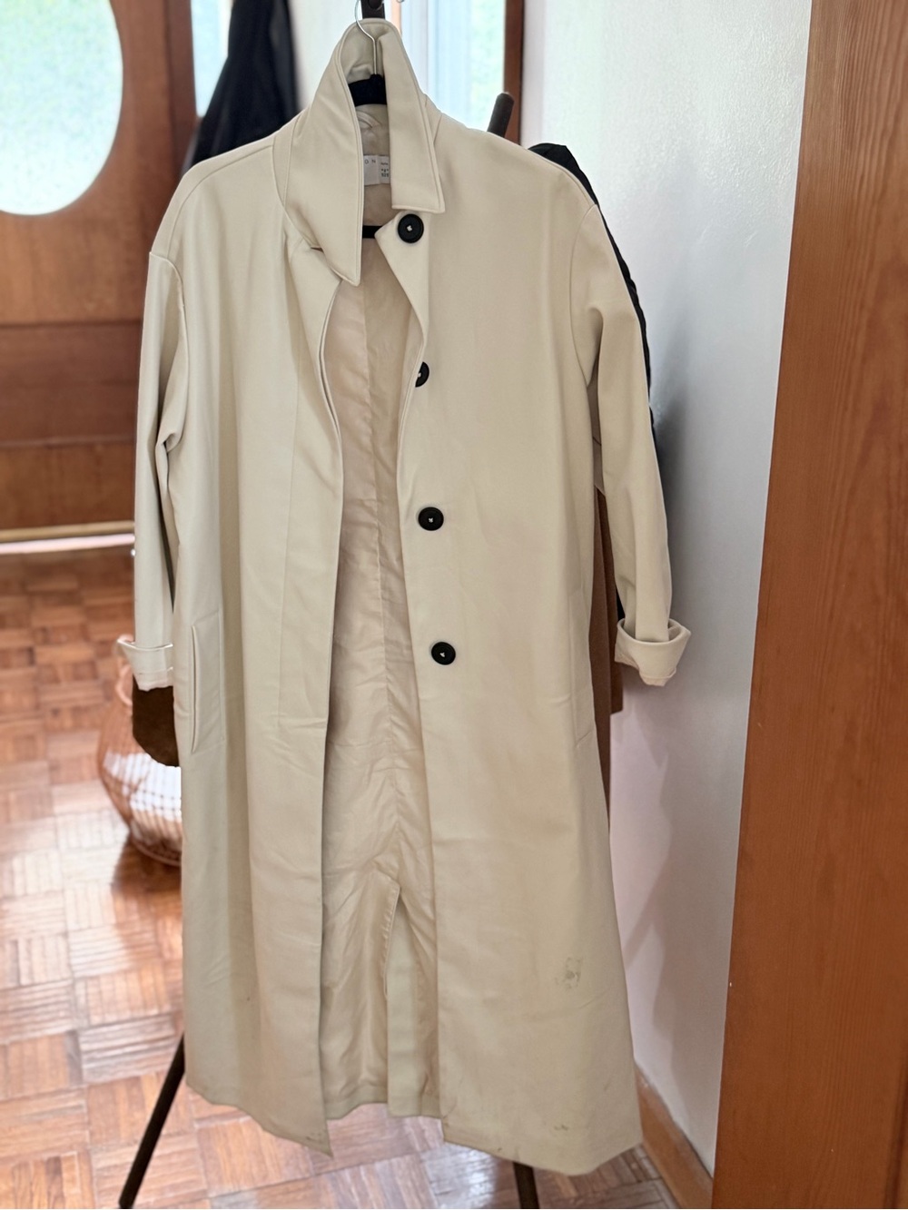 Women’s Faux Leather Cream Single-Breasted Trench Coat